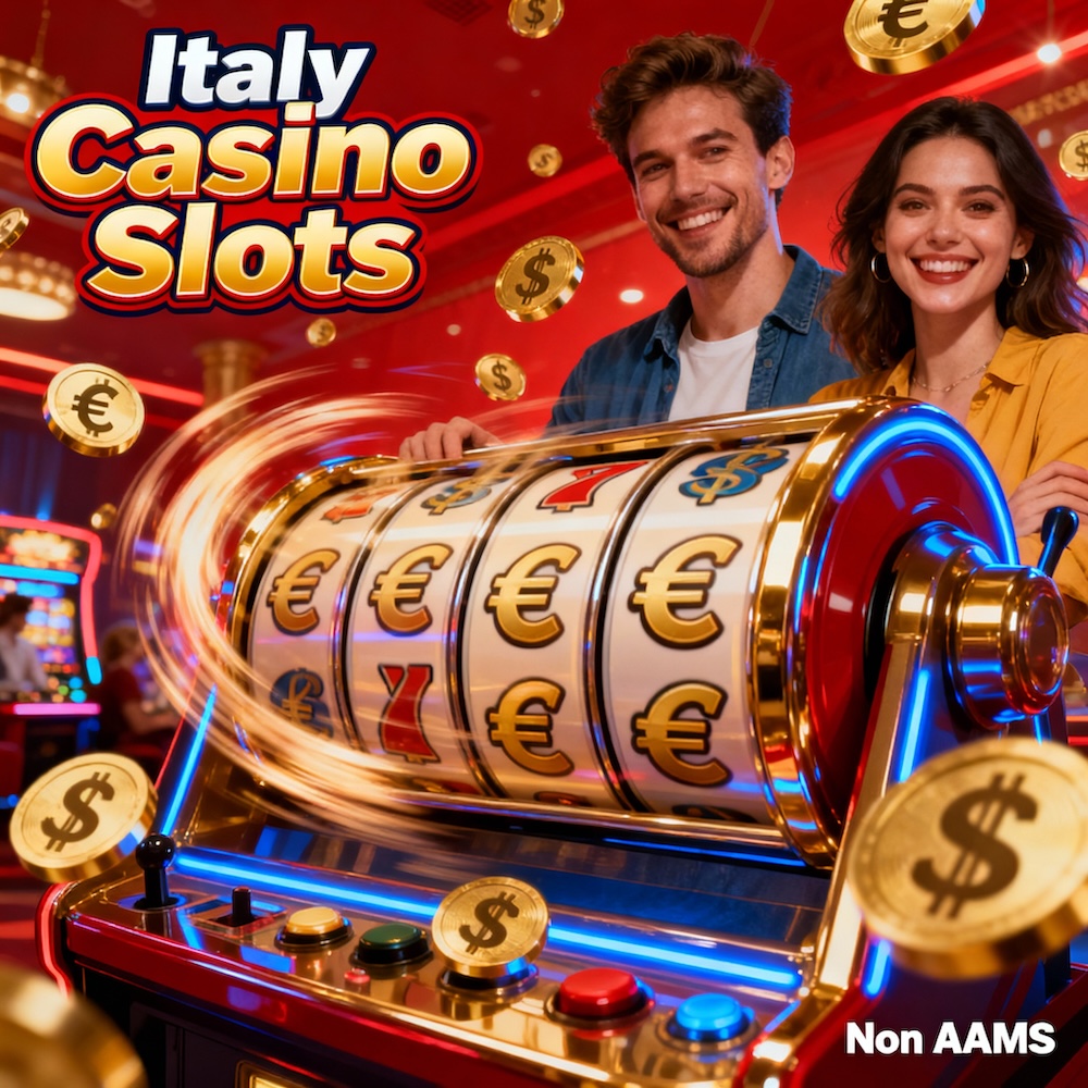 Banner delle slot machine dei casinò italiani non AAMS con rulli, valute, avatar.